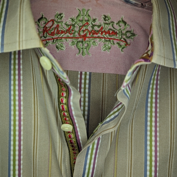 Robert Graham Beige Multicolor Check Stripe Shirt Button Front Cuff Size XL - Picture 11 of 11